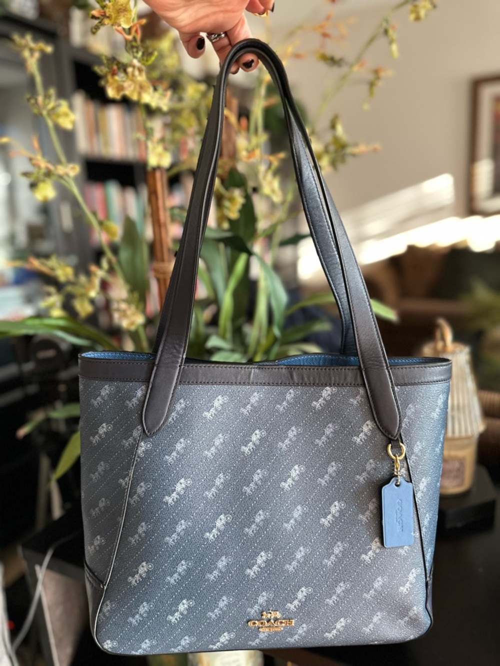 Coach Horse & Carriage Monogram Tote Blue